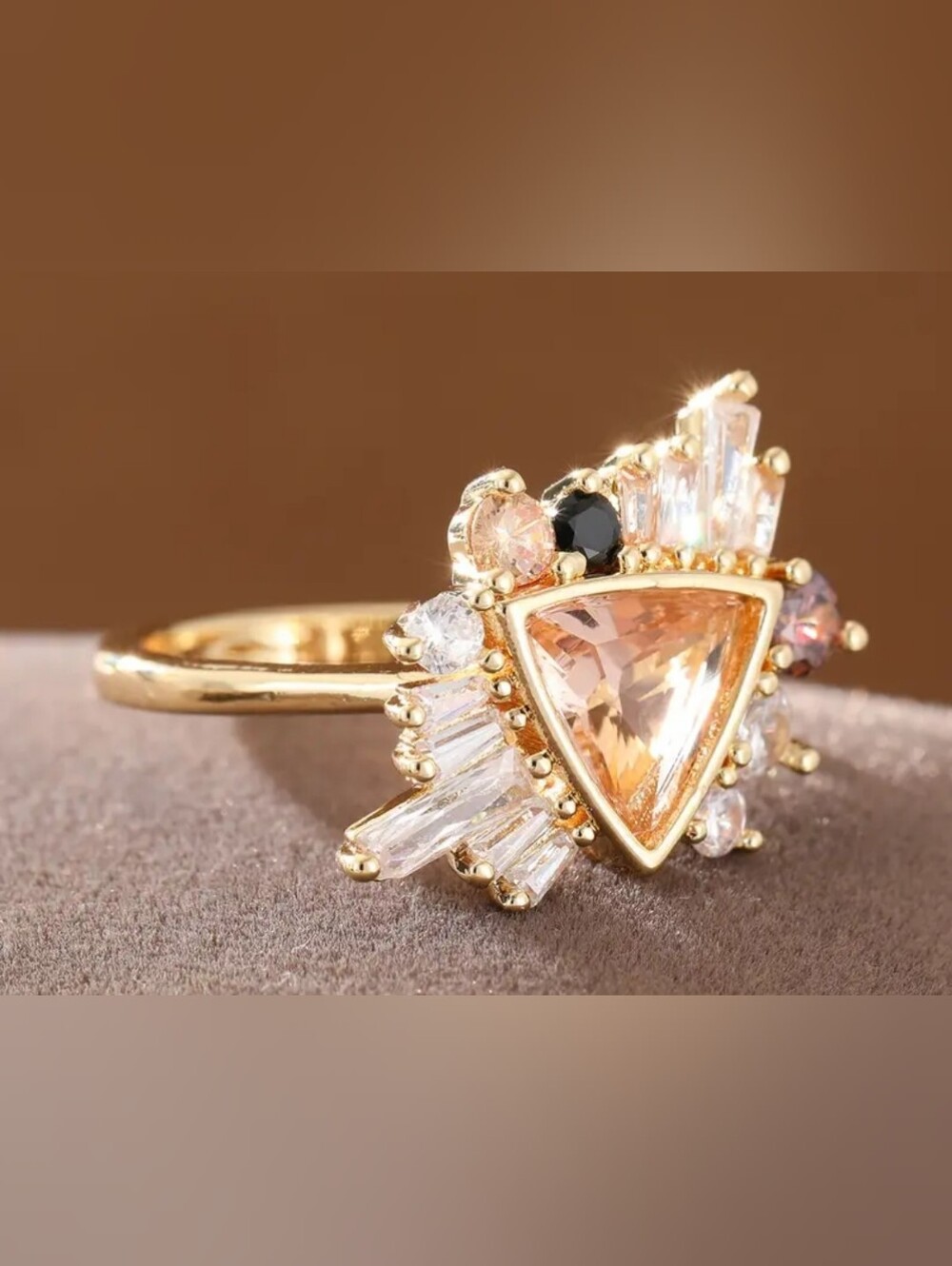 Triangle Peach Crystal Halo Ring